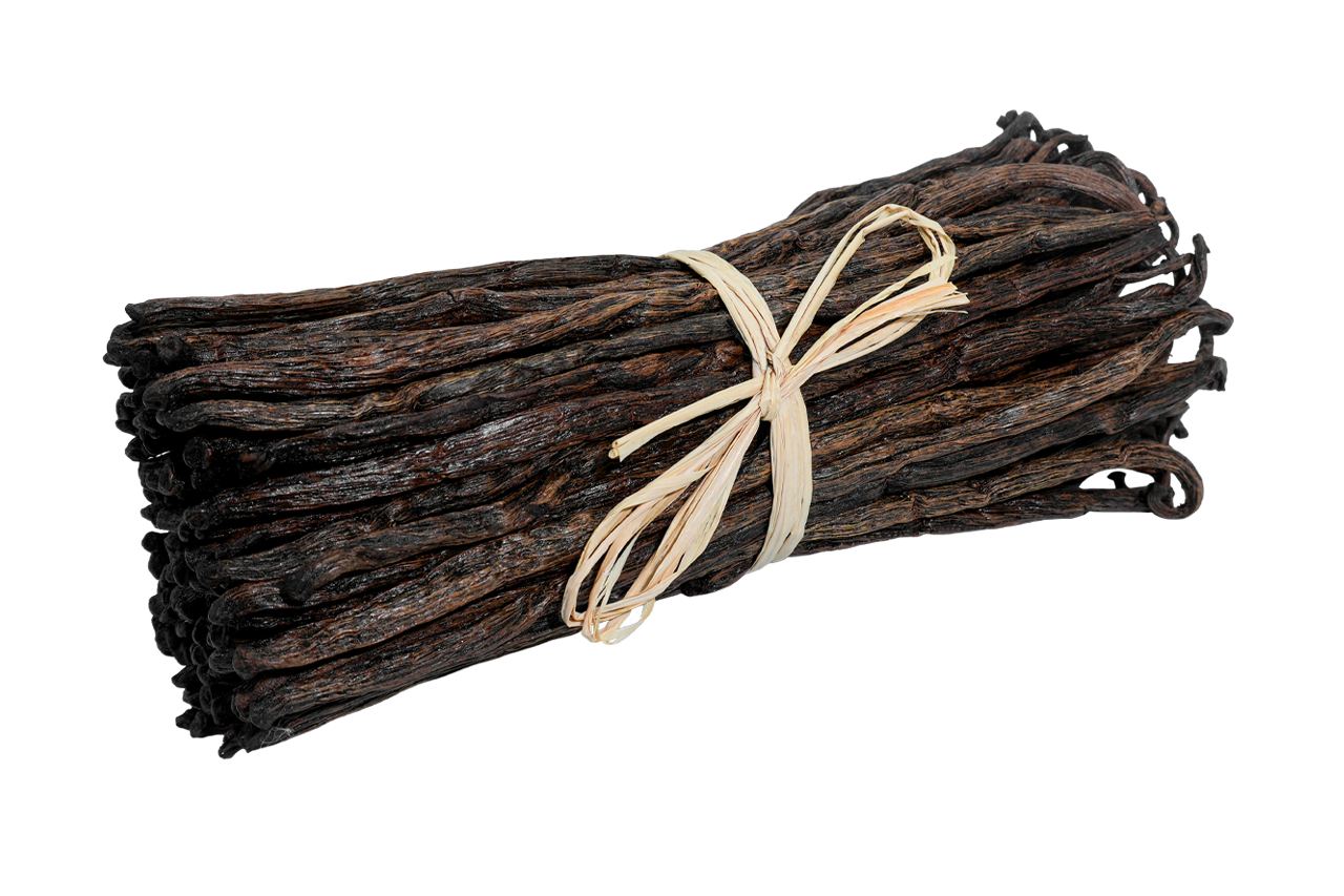 
                        Madagascar Bourbon Red US vanilla beans bundled with natural raffia, showing their reddish-brown color and wrinkled texture.
                      
