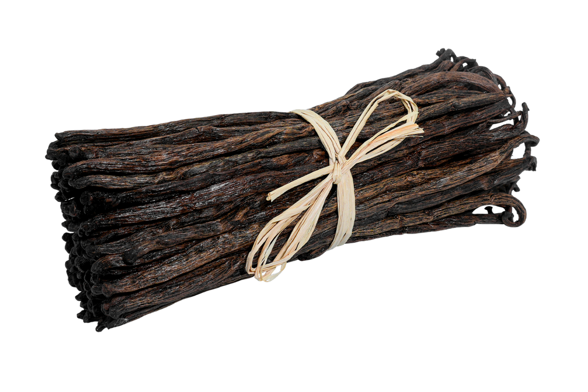 Madagascar Bourbon Red US vanilla beans bundled with natural raffia, showing their reddish-brown color and wrinkled texture.