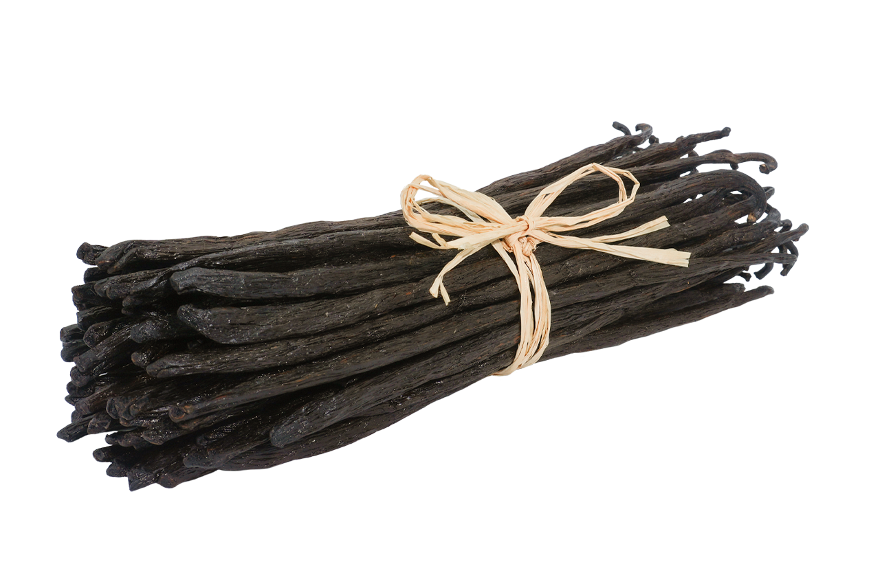 
                        Madagascar Bourbon TK vanilla beans bundled with natural raffia, showing their long, dark brown pods and slightly wrinkled texture.
                      